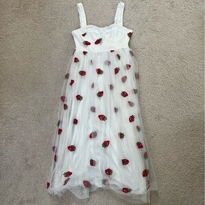 White Midi Tulle Dress with Red Strawberry Embroidery